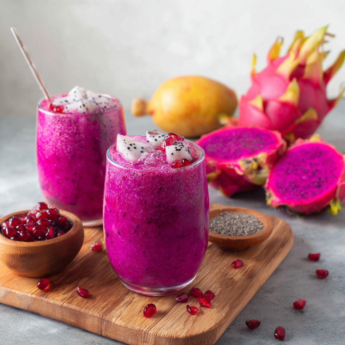 A vibrant pink dragon fruit smoothie served in a glass, topped with coconut flakes, berries, and a yellow flower, with dragon fruit slices in the background.