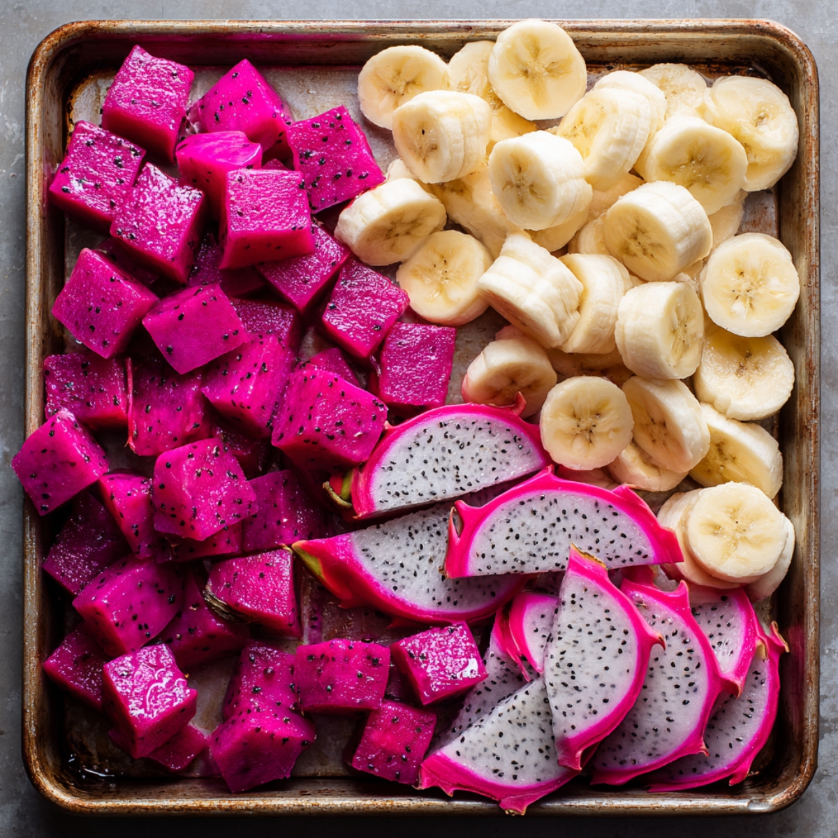 A tray filled with chopped dragon fruit cubes and banana slices, with some whole dragon fruit still on the tray.
