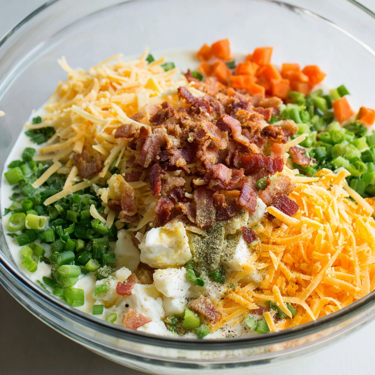 A close-up of a clear glass mixing bowl filled with raw ingredients: shredded cheddar cheese, cooked bacon bits, diced carrots, green onions, and crumbled white cheese. Everything is layered visibly and not yet mixed, sitting atop a base of milk or cream.