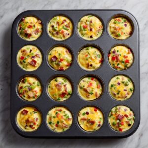 Overhead view of a 12-cup muffin tin filled with unbaked egg muffin mixture. The cups are about three-quarters full with a vibrant mix of beaten eggs, diced bell peppers, bacon, chopped herbs, and shredded cheese. Everything is colorful and evenly distributed. The tray sits on a marble surface with clean, natural lighting.