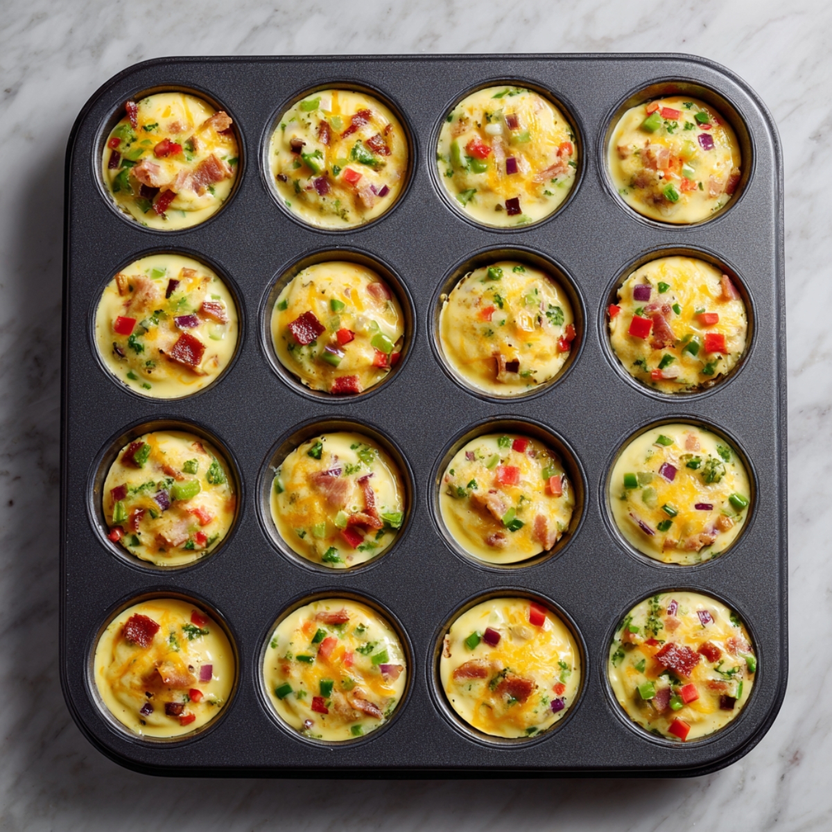 Overhead view of a 12-cup muffin tin filled with unbaked egg muffin mixture. The cups are about three-quarters full with a vibrant mix of beaten eggs, diced bell peppers, bacon, chopped herbs, and shredded cheese. Everything is colorful and evenly distributed. The tray sits on a marble surface with clean, natural lighting.