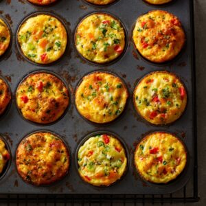 Close-up of a muffin tin filled with freshly baked egg muffins. Each muffin is golden brown with crispy edges, topped with visible pieces of red bell pepper, green herbs, and melted cheese. The muffins are puffed and slightly uneven, giving a rustic homemade look. The pan shows slight browning and natural oven marks, adding to the authenticity.