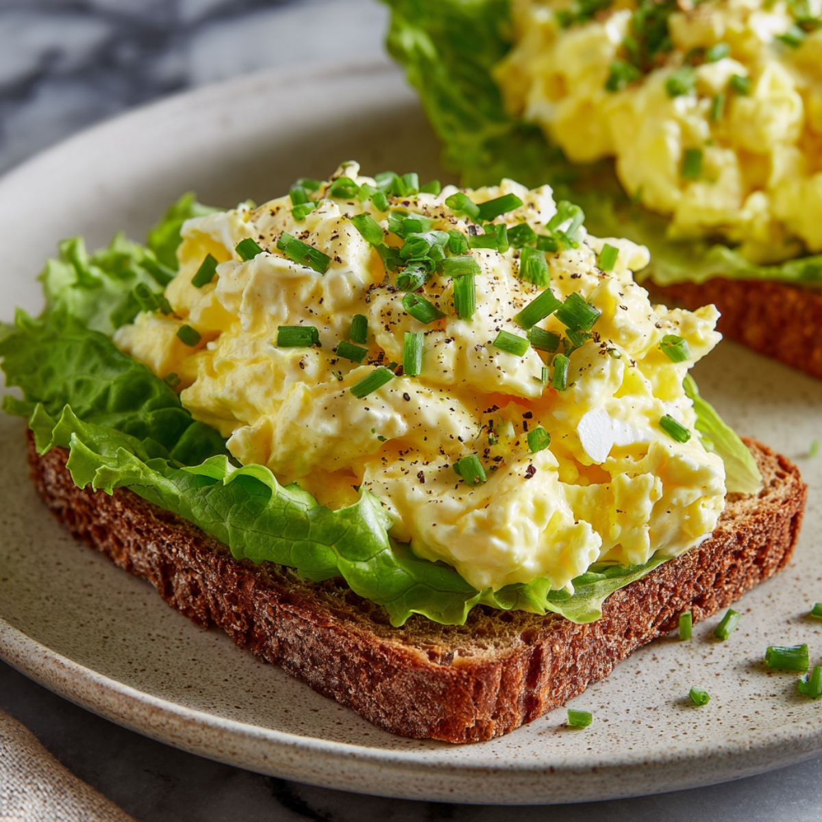 “Creamy egg salad piled on a green lettuce leaf over a slice of whole-grain toast, with flecks of chive and black pepper visible.”