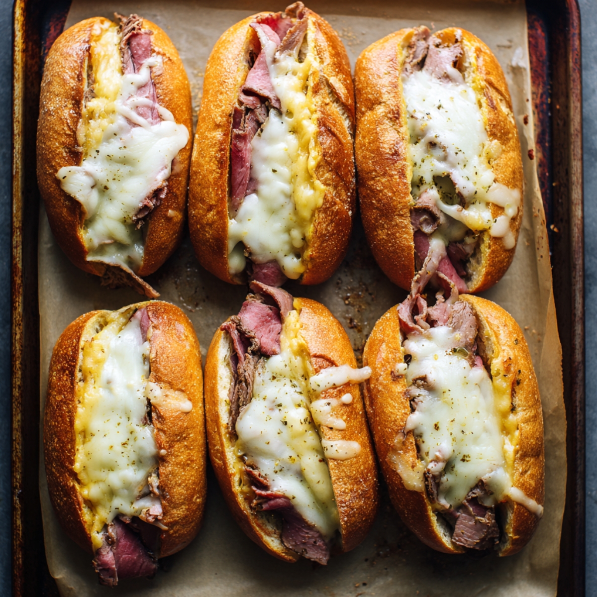 “Thinly sliced roast beef pieces submerged in dark, seasoned au jus inside a pale saucepan atop a black induction cooktop, the meat gently poaching in the savory broth.”