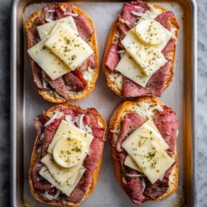“Four open-faced French roll halves on a sheet pan, each topped with a neat pile of thin roast beef slices and two round provolone cheese rounds, ready to melt.”