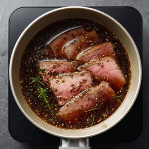 “Overhead view of four French roll halves on a baking sheet, roast beef underneath and provolone cheese melted into smooth, slightly bubbly layers over each sandwich.”