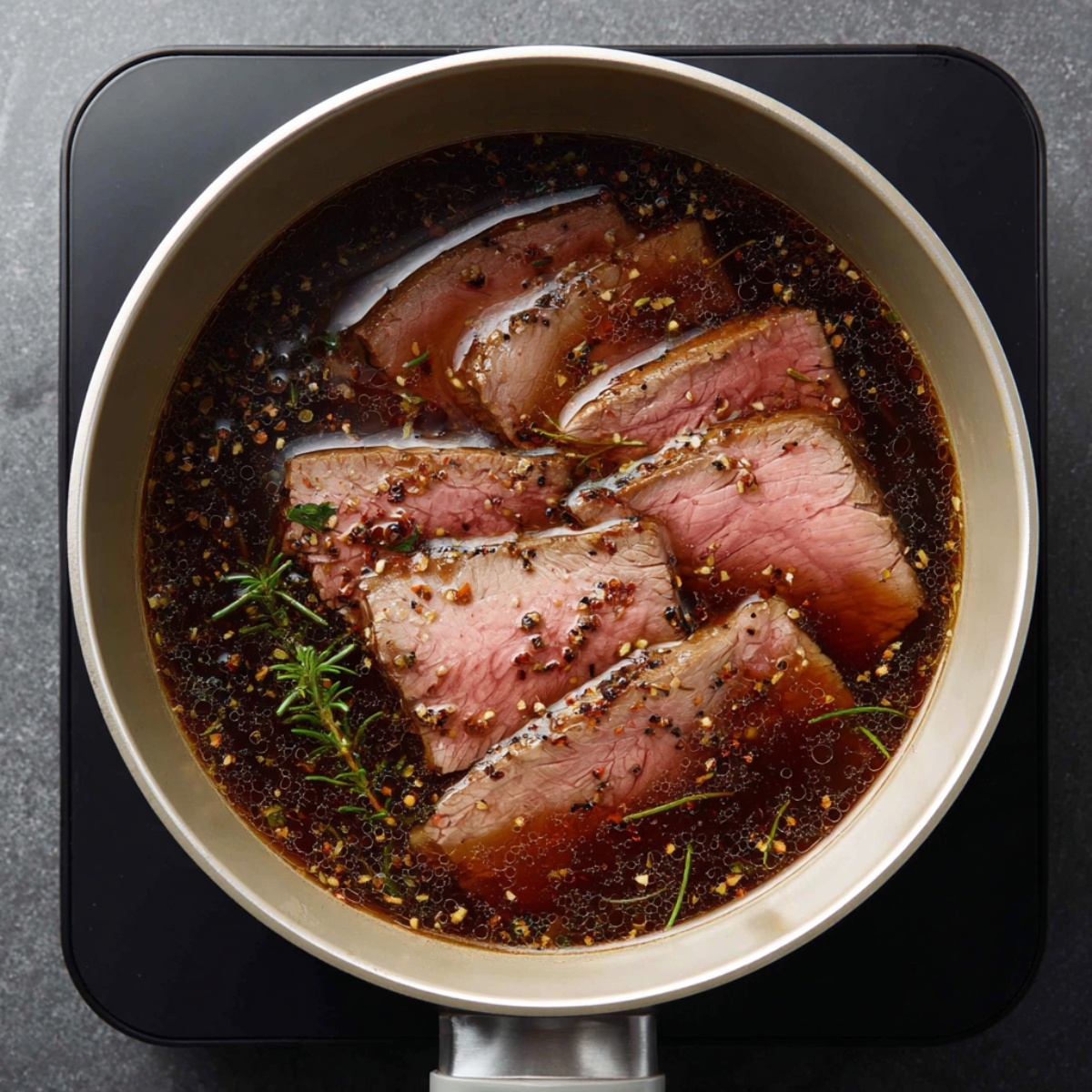“Overhead view of four French roll halves on a baking sheet, roast beef underneath and provolone cheese melted into smooth, slightly bubbly layers over each sandwich.”