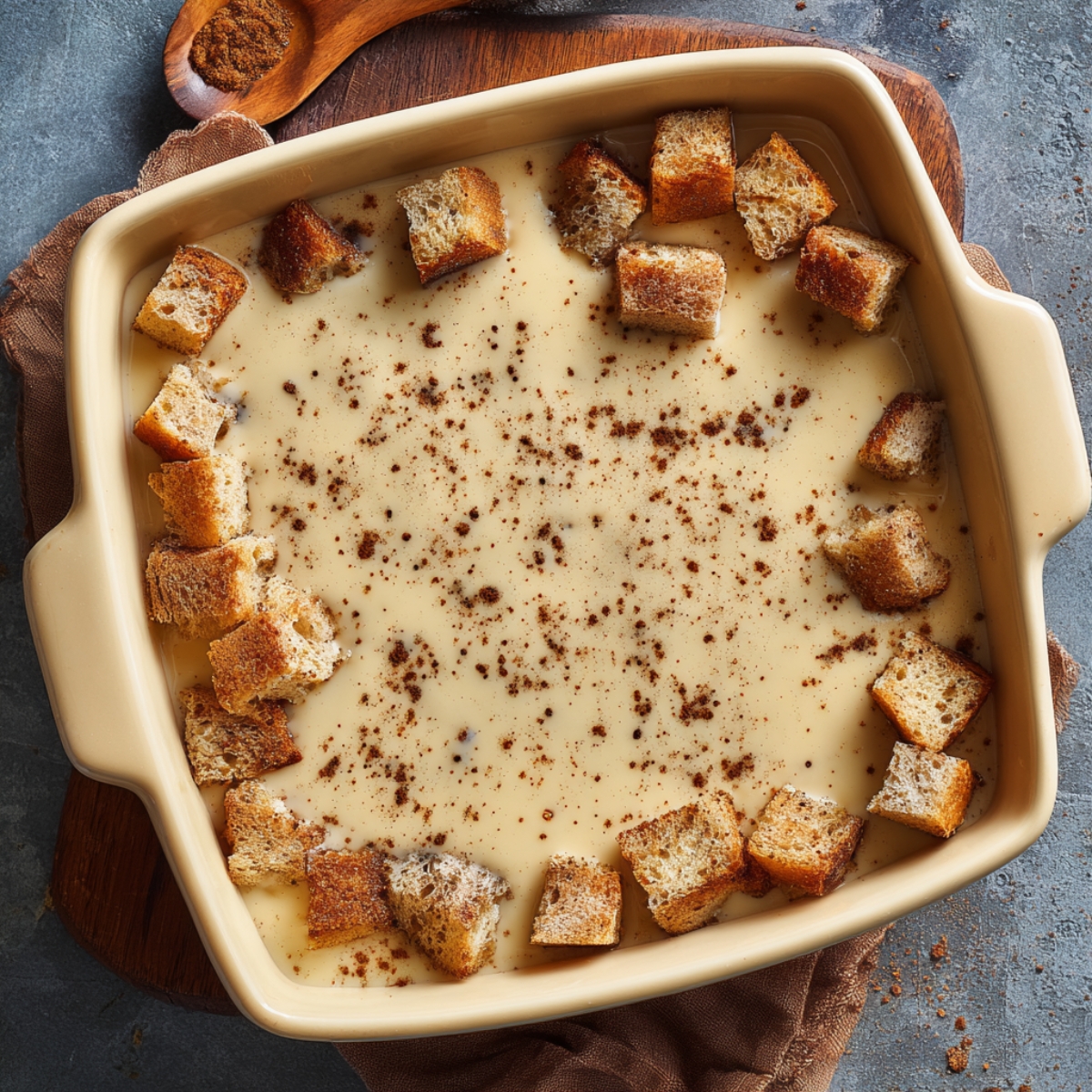 “A cream baking dish containing a smooth pool of cinnamon-speckled custard, its surface glossy and just beginning to settle, awaiting the bread cubes.”
