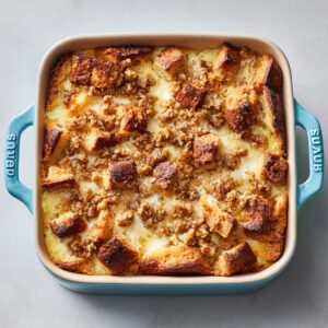 “A cream-interior, turquoise-blue Staub baking dish holding a just-baked French-toast casserole, its surface bubbling and deep-golden, set atop a black wire cooling rack on a white marble countertop.”