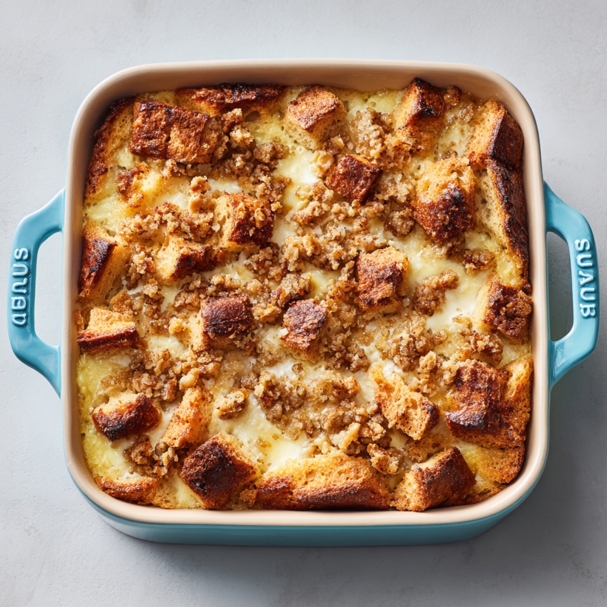 “A cream-interior, turquoise-blue Staub baking dish holding a just-baked French-toast casserole, its surface bubbling and deep-golden, set atop a black wire cooling rack on a white marble countertop.”