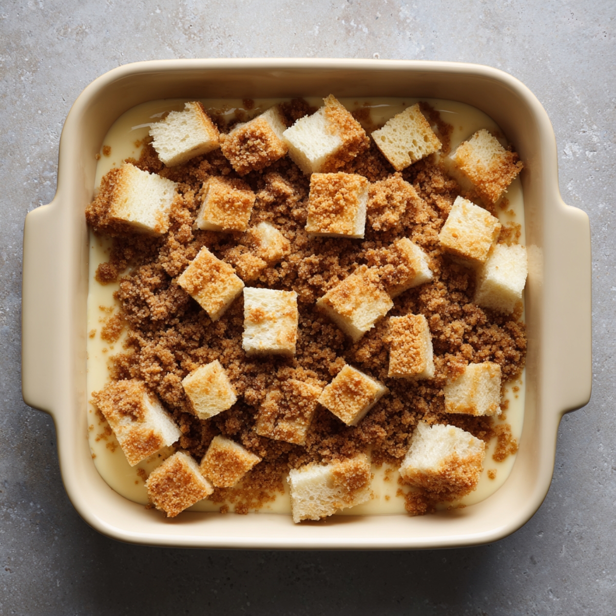 “A cream-colored rectangular baking dish layered with 1″ bread cubes and generously sprinkled with coarse, golden-brown streusel crumbs, ready to go into the oven.”