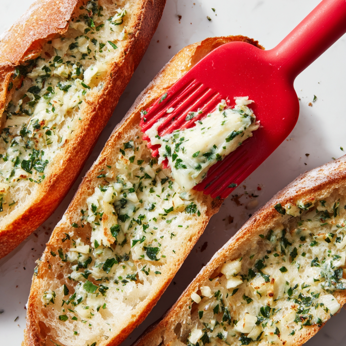 “Four long halves of baguette, toasted to a light golden brown on the cut side, lined up neatly on a parchment-lined baking sheet, each brushed with garlic-herb butter and flecked with minced parsley.”