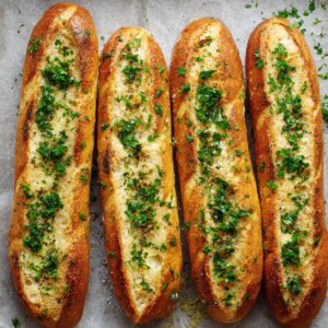 “A close-up of two halves of golden garlic bread on crumpled white parchment, generously slathered with melted butter and sprinkled with chopped parsley; in the background, whole garlic bulbs and a small dish of cubed butter peek into the frame.”