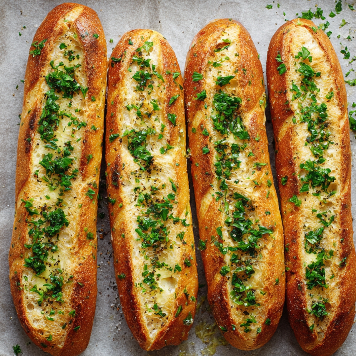 “A close-up of two halves of golden garlic bread on crumpled white parchment, generously slathered with melted butter and sprinkled with chopped parsley; in the background, whole garlic bulbs and a small dish of cubed butter peek into the frame.”