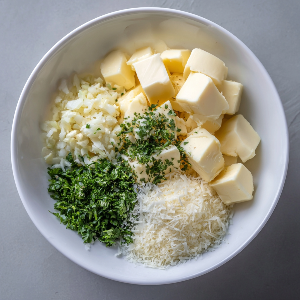 “Four perfectly browned garlic-buttered baguette halves resting on parchment paper, their crusts crisp and edges golden, topped with sprinkles of fresh parsley on a neutral-toned countertop.”