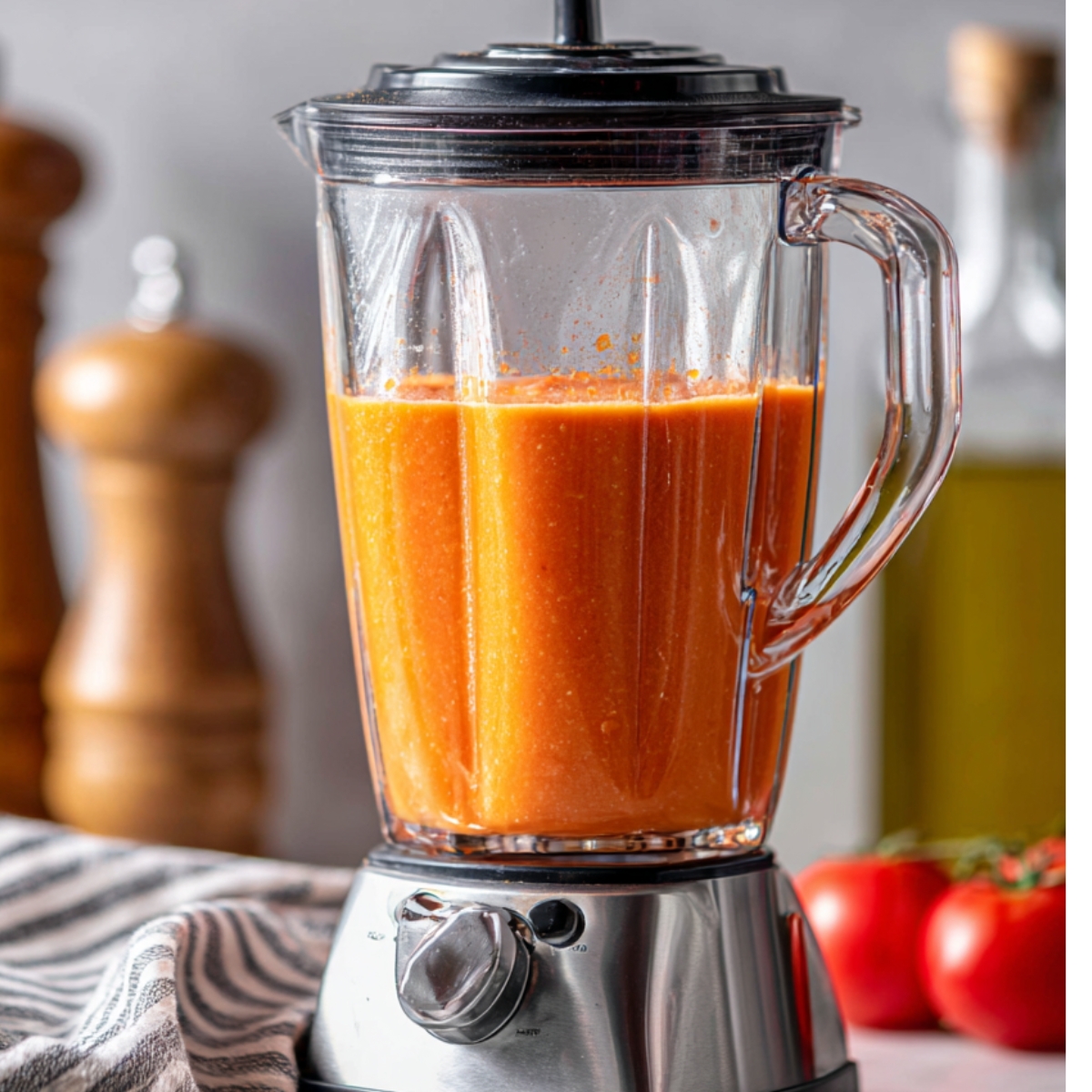 This image shows a blender with smooth, orange gazpacho soup inside. The soup appears creamy and well-blended. The background features a pepper mill, a bottle of olive oil, and a kitchen towel with a blue-and-white striped pattern."