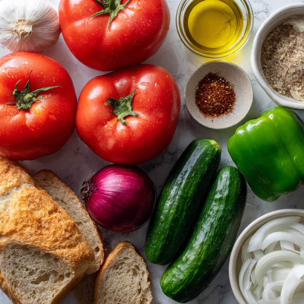 A close-up shot of fresh ingredients for a gazpacho soup recipe, including ripe red tomatoes, red onions, green bell pepper, cucumbers, garlic cloves, bread, olive oil, and spices like salt, pepper, and cumin. The ingredients are arranged neatly on a white surface, ready to be blended together for a refreshing soup.