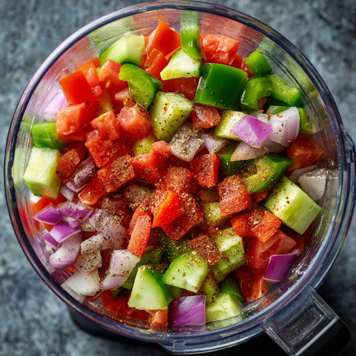 A close-up shot from above of a blender with diced tomatoes, green bell pepper, cucumber, red onion, garlic, and spices such as black pepper. The vibrant colors of the vegetables contrast with the clear walls of the blender."