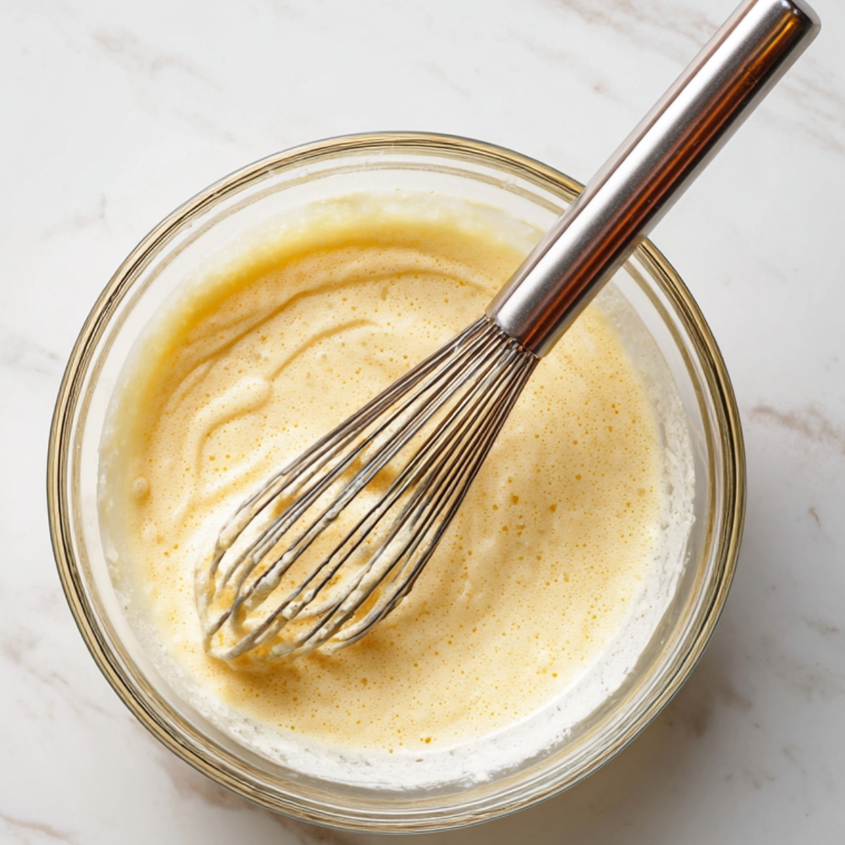 Overhead shot of a white skillet on a cooling wire rack atop a marble surface, containing a thick, puffed German pancake with golden edges and a tender center—soft natural light.”
