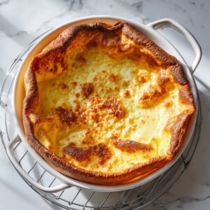 High-resolution overhead photo on a marble counter: a clear glass bowl half-full of smooth pale yellow pancake batter, with a stainless-steel whisk partially immersed—bright, even lighting.”