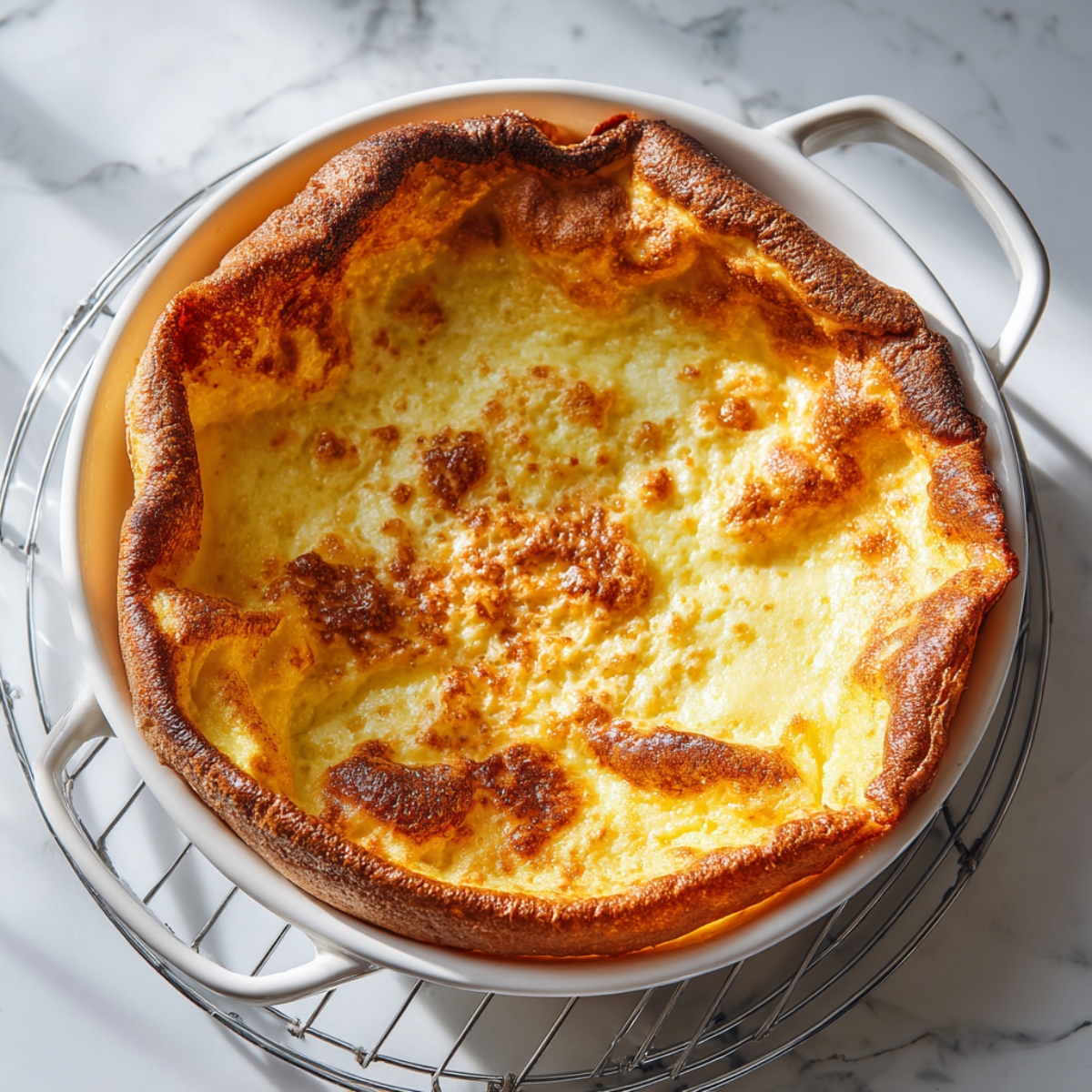 High-resolution overhead photo on a marble counter: a clear glass bowl half-full of smooth pale yellow pancake batter, with a stainless-steel whisk partially immersed—bright, even lighting.”
