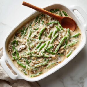 Creamy green bean casserole in a white ceramic baking dish with sliced mushrooms and whole green beans in a rich sauce, stirred with a wooden spoon on a marble countertop.