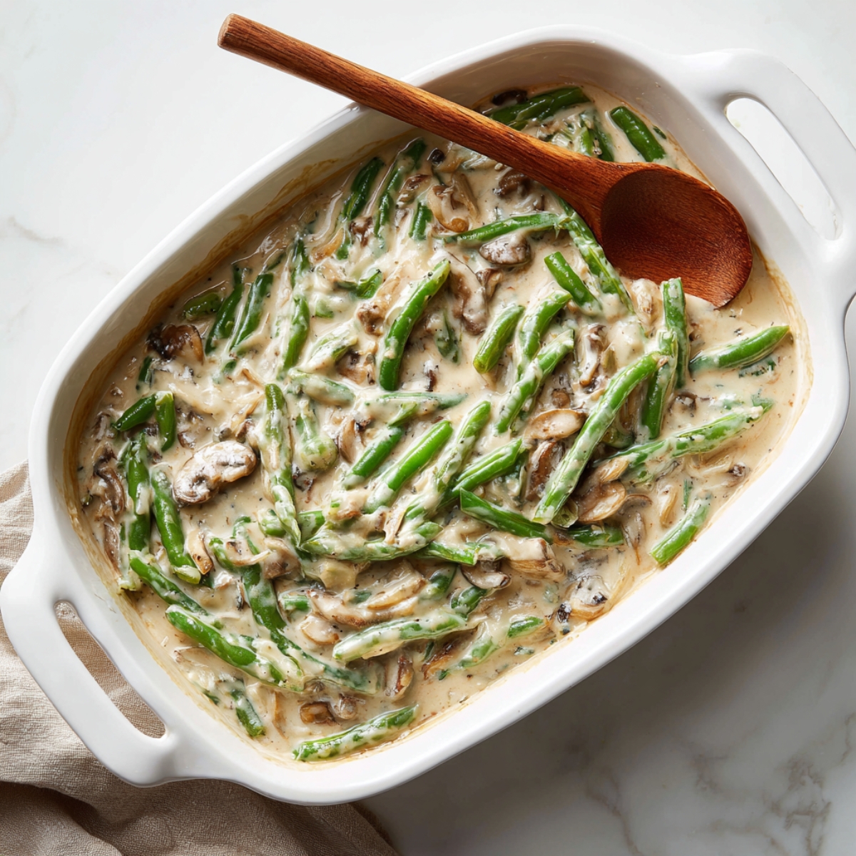 Creamy green bean casserole in a white ceramic baking dish with sliced mushrooms and whole green beans in a rich sauce, stirred with a wooden spoon on a marble countertop.