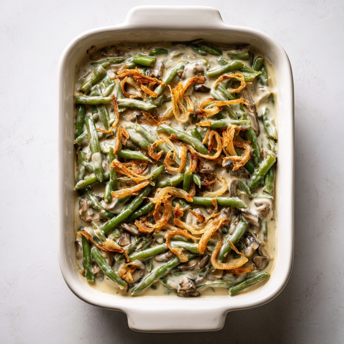 Partially baked green bean casserole in a white ceramic dish, topped with lightly browned crispy onions, fresh green beans, sliced mushrooms, and creamy sauce on a white kitchen counter.