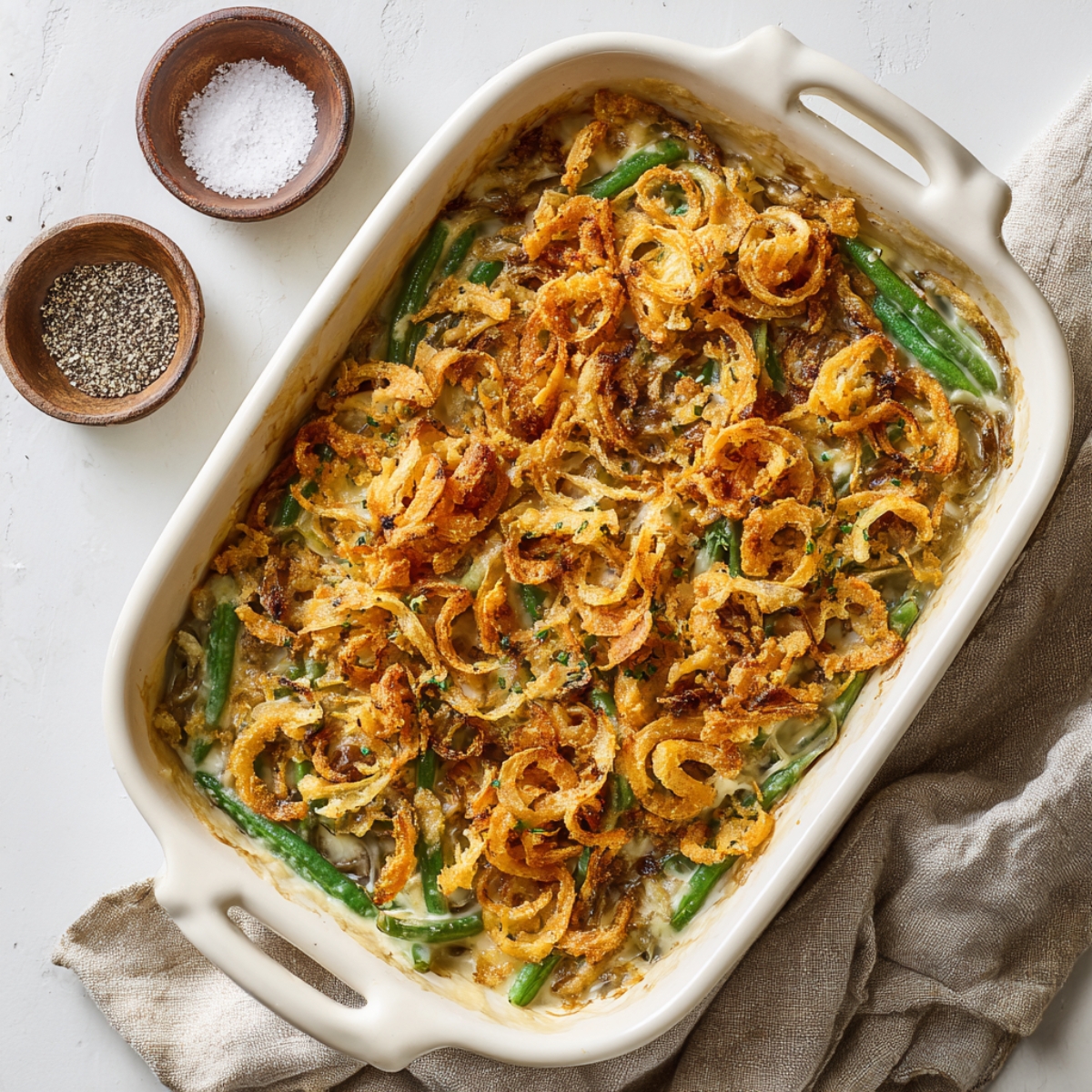 Golden baked green bean casserole in a white ceramic dish, topped with crispy French fried onions and visible green beans, resting on a beige linen cloth with small bowls of salt and black pepper nearby.