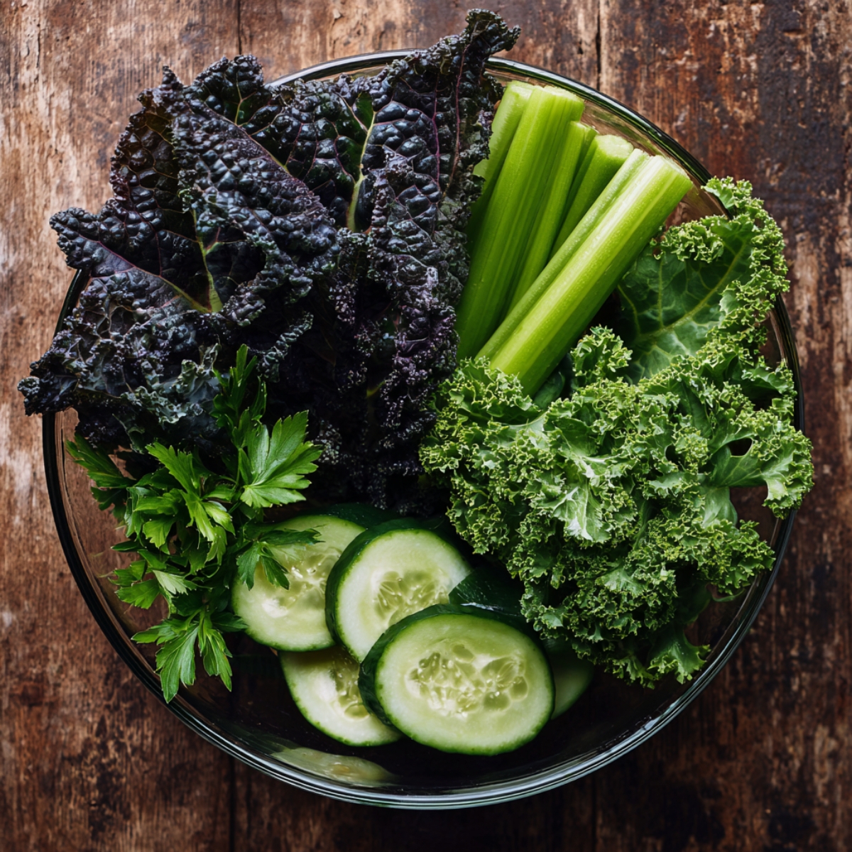 “An overhead view of fresh green-juice base ingredients on a white marble countertop: a romaine lettuce heart with pale-green ribs and darker outer leaves; several crisp cucumber slices alongside a cucumber segment; three celery stalks with leafy tops intact; and a small cluster of spinach and kale leaves showcasing their contrasting smooth and crinkled textures, all illuminated by soft natural light that accentuates their dewy surfaces.