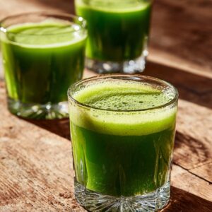 Two short, clear glasses of freshly pressed green juice sit on a white marble counter, their rims dotted with tiny bubbles. The front glass is sharply in focus, the second softly blurred behind. A piece of knobby ginger root peeks into the background, and soft morning light from the left casts gentle shadows.