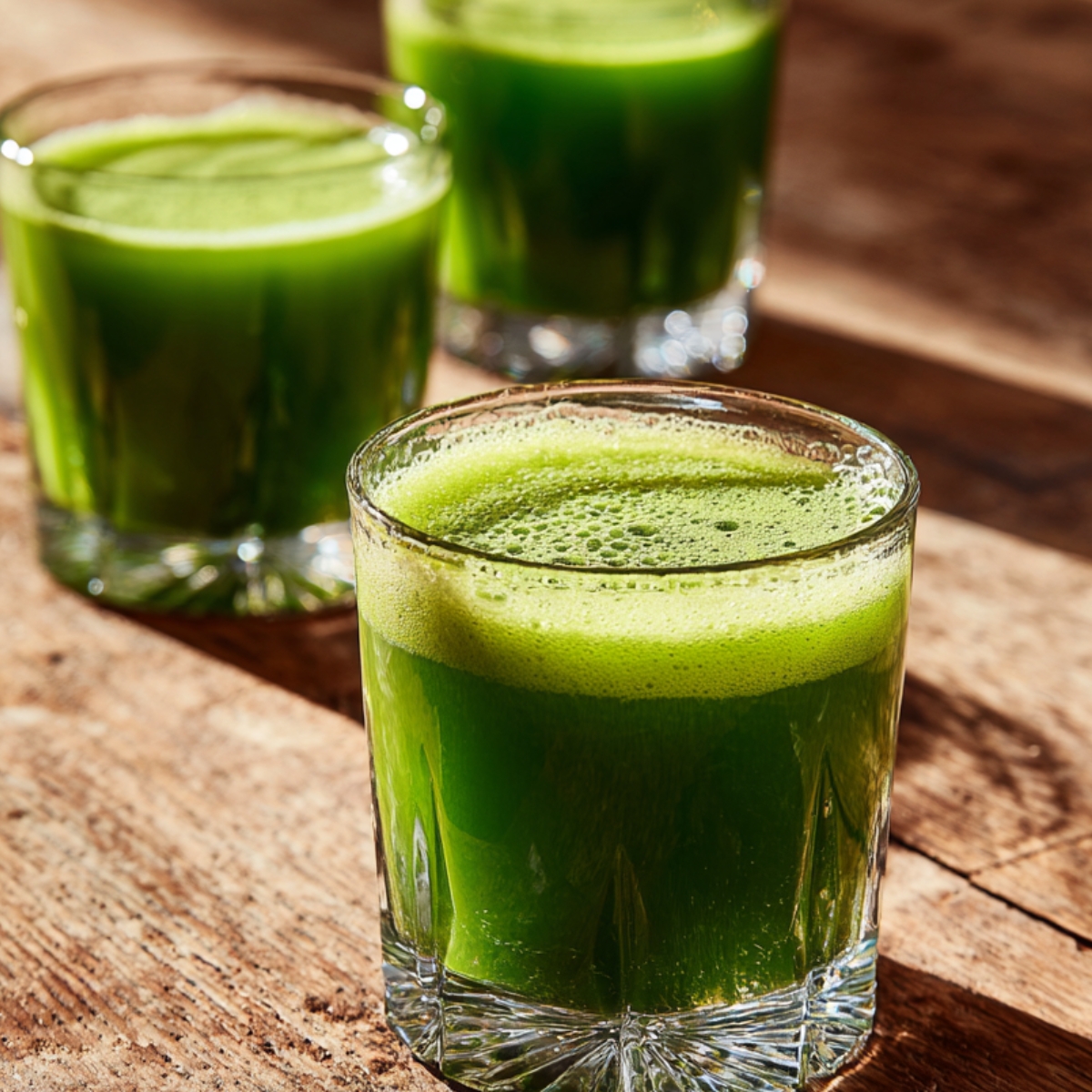 Two short, clear glasses of freshly pressed green juice sit on a white marble counter, their rims dotted with tiny bubbles. The front glass is sharply in focus, the second softly blurred behind. A piece of knobby ginger root peeks into the background, and soft morning light from the left casts gentle shadows.