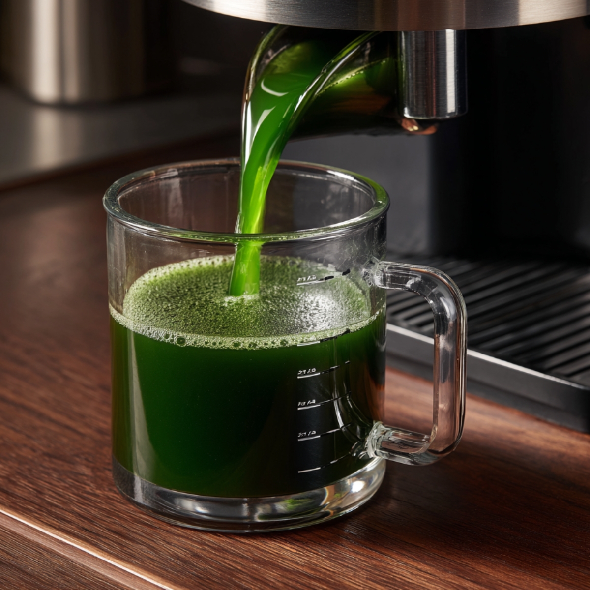A sleek black Vitamix blender stands against a white subway-tile backsplash, its clear pitcher filled to the brim with thick, bright green juice. The control panel’s silver dial and icons are in sharp focus, and soft kitchen light from above highlights the smooth surface of the blend and the blender’s glossy finish.