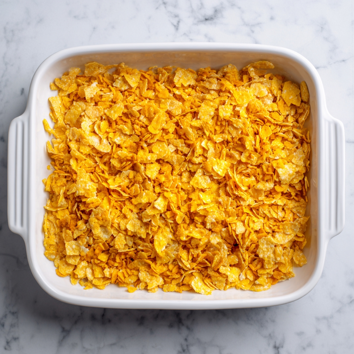 Overhead shot of the white ceramic pan showing a bubbling, golden-orange cornflake-and-cheese crust crisped at the edges.
