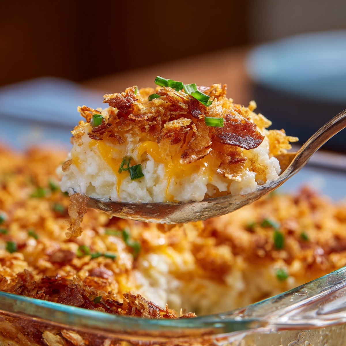 Same dish now covered uniformly with crushed cornflakes and extra shredded cheese, ready for the oven on a marble countertop.
