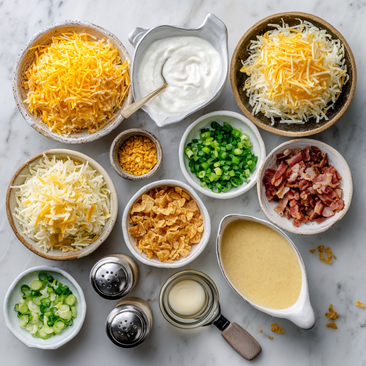 Overhead on a marble counter: bowls of frozen hashbrowns, sour cream, cream of chicken soup, melted butter, diced onion, shredded cheddar, crushed cornflakes, chopped bacon, sliced green onions, and salt & pepper shakers.