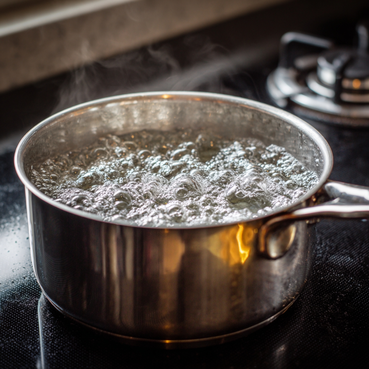 Bubbling rolling boil in a stainless-steel pot on a stovetop, with steam rising