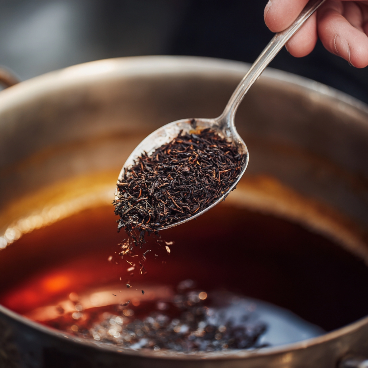 Silver spoon holding loose black tea leaves above a pot of steaming hot water.