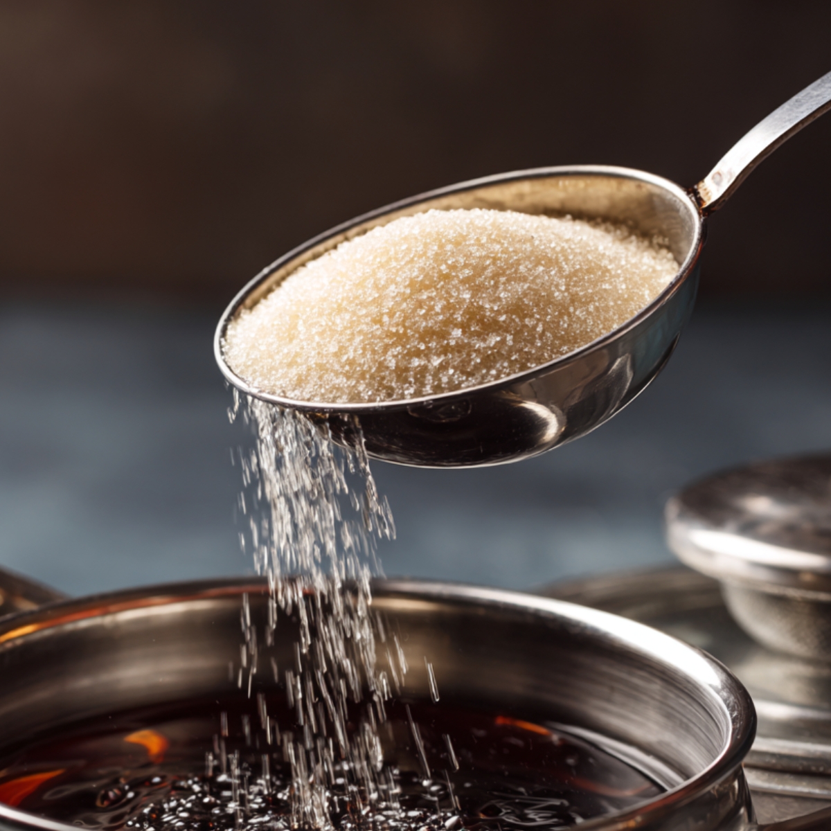 A heaping metal spoon sprinkling granulated sugar into a pot of freshly steeped tea.