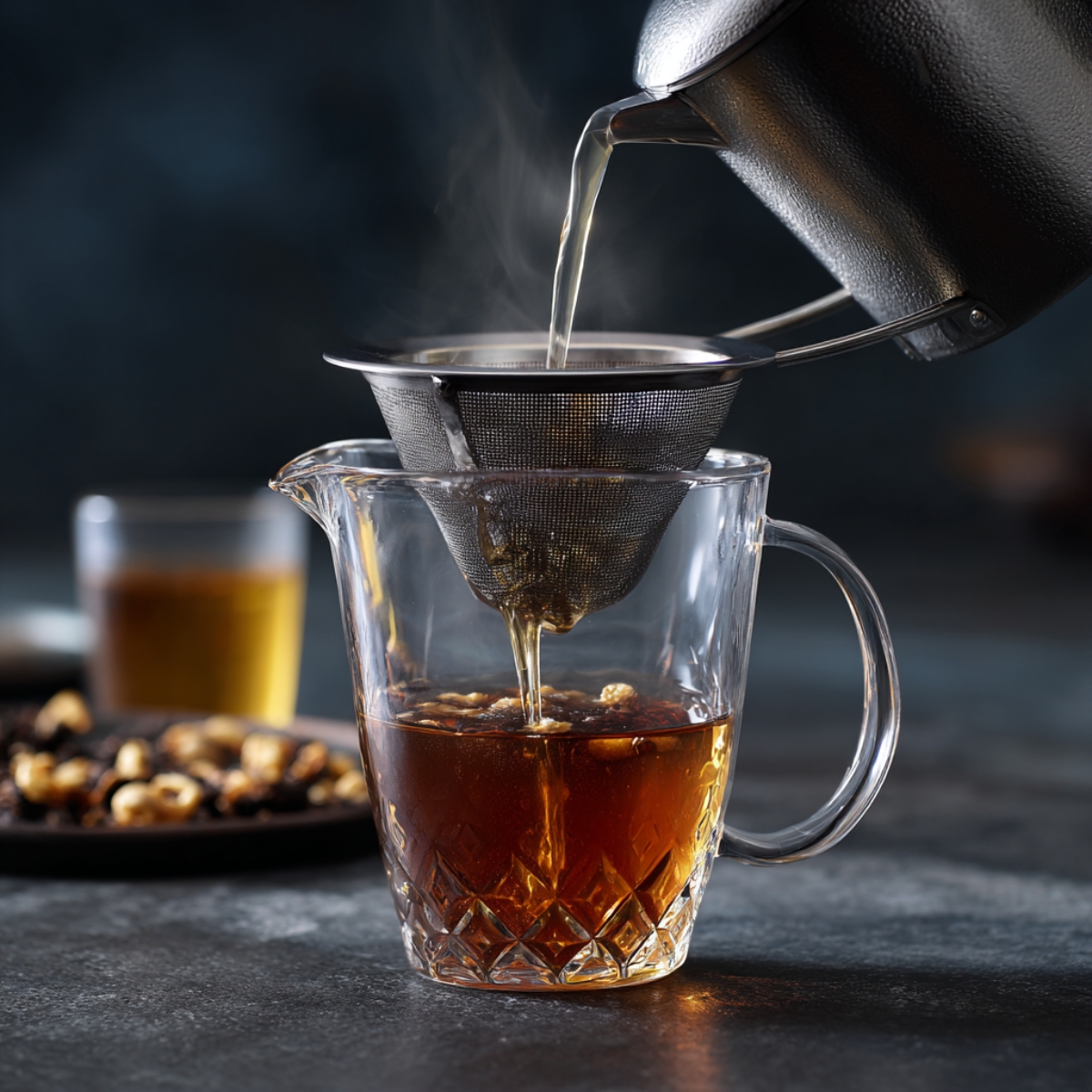 Hot brewed tea being poured from a metal kettle through a mesh strainer into a clear glass measuring pitcher.