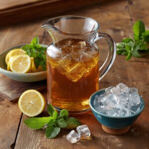 “Glass pitcher filled with amber iced tea and ice cubes, surrounded by lemon slices, fresh mint sprigs, and a bowl of ice cubes on a wooden table.
