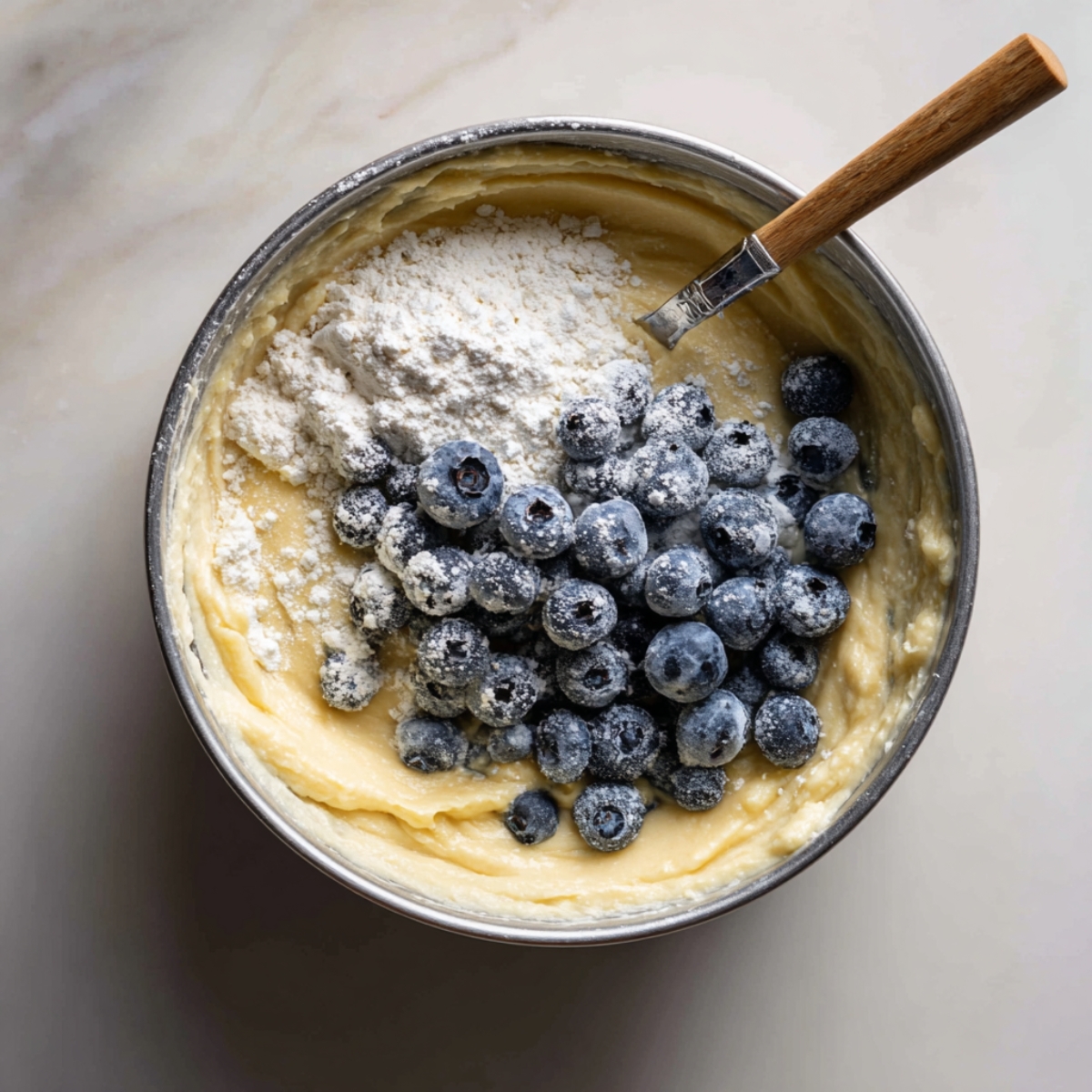 An overhead shot of a stainless-steel mixing bowl half-filled with pale yellow cake batter and a mound of blueberries dusted in flour, ready to be folded in. A wooden-handled spatula rests at the bowl’s edge, and the marble countertop below is softly lit.