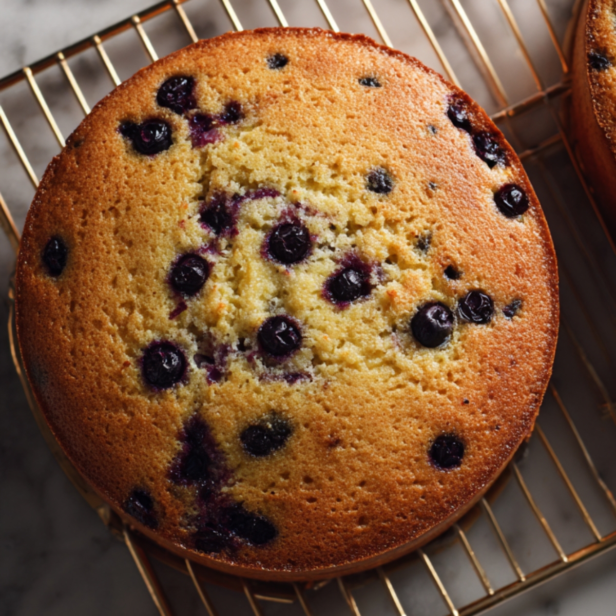 A golden-brown single layer of lemon blueberry cake studded with dark berries rests on a brass cooling rack over a white marble countertop. The cake’s top is slightly domed, with a few berries peeking through the tender crumb, and warm side lighting casts soft shadows between the rack wires.