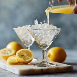A small clear beaker pours fresh lemon juice into an ice-filled mixing glass. The mixing glass sits on a white tabletop next to an upside-down martini glass and a marble board holding lemon halves and wedges. Midstream lemon juice droplets glint as they splash onto the ice. A lavender-hued wall forms the soft background.