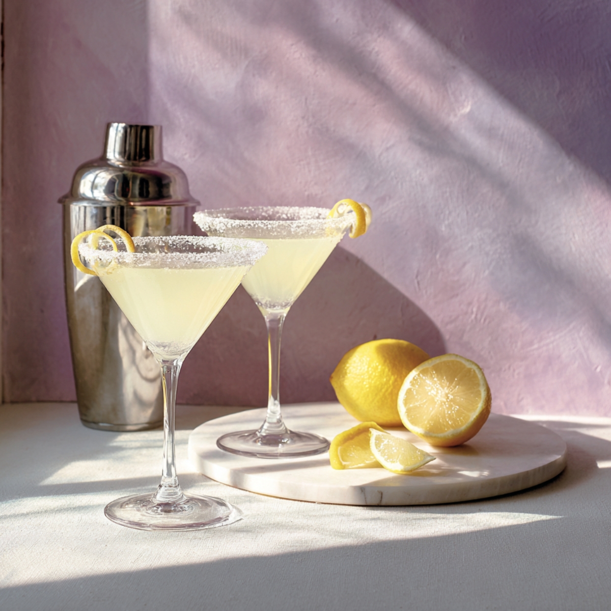 Two sugar-rimmed lemon drop martinis sit side by side on a white countertop against a soft lavender plaster wall. Each conical glass holds a pale yellow cocktail and is garnished with a single curled lemon peel looped over the rim. To the left, a ribbed stainless-steel cocktail shaker stands partially in view. On the right edge, a small white marble board displays a halved lemon and two wedges. Gentle window light highlights the sugar crystals and casts soft shadows.