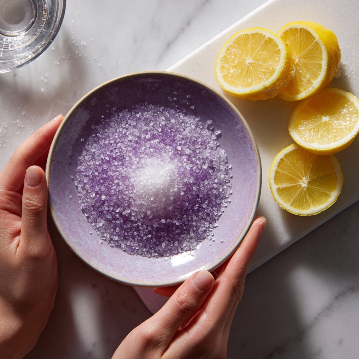An overhead view of an upside-down martini glass being pressed into a shallow lavender dish filled with coarse sugar. The glass’s rim sinks into the sugar, causing granules to mound around the edge. To the right, a white marble board holds lemon wedges; to the left, the base of a mixing glass is visible. Bright natural light reveals each sugar crystal.
