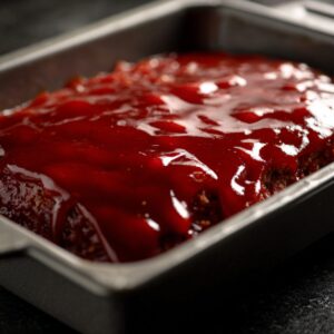 The same gray baking dish now coated in a thick, shiny layer of deep-red ketchup, its smooth surface reflecting light, with the edges of the meatloaf visible around the perimeter.”