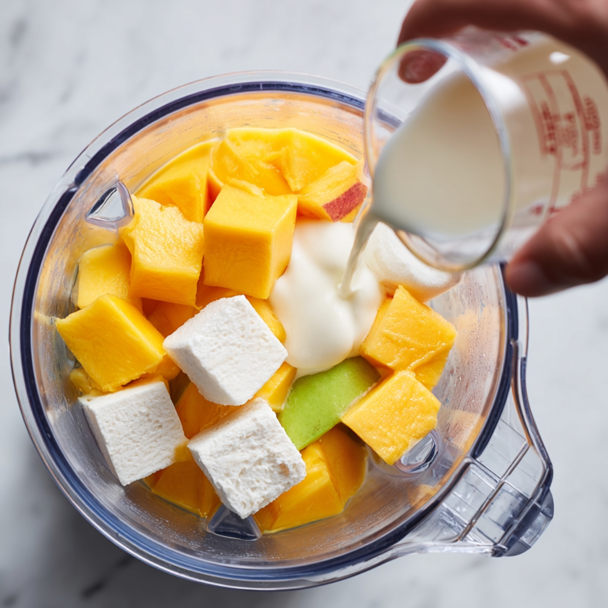 Two glasses of creamy homemade mango smoothie garnished with fresh mint leaves and sprinkled seeds, served on a rustic wooden board with fresh cubed mango and mint leaves around, set against a warm, natural background.