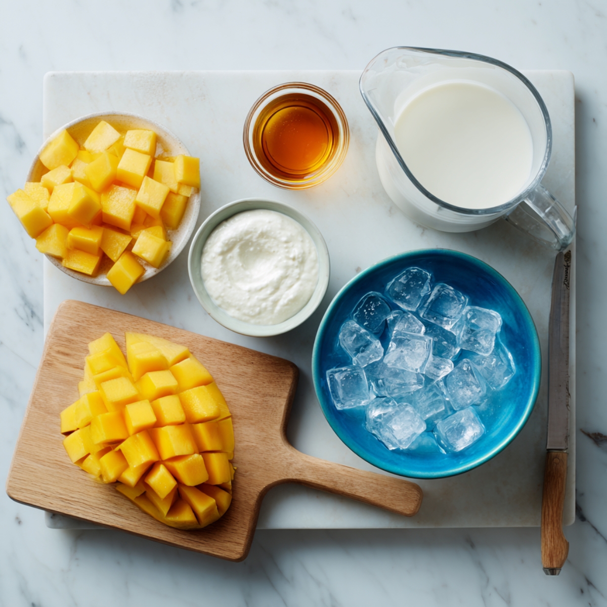 Top-down view of fresh mango smoothie ingredients arranged neatly on a white marble countertop, including diced mango on a wooden board, coconut milk, Greek yogurt, ice cubes, honey, and halved lime.