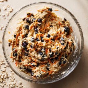 Overhead view of a clear glass bowl on a pale marble countertop, filled with thick, shaggy oatmeal dough flecked with bright orange carrot shreds and dark blueberries. A few stray oats lie around the bowl, shot in bright, even kitchen light.